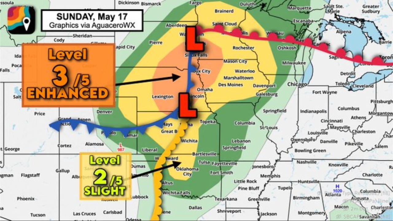 Nebraska, South Dakota and Iowa Face Level 3 Enhanced Risk With Isolated EF2 Tornadoes and Baseball Size Hail Sunday May 17 Including Sioux Falls, Omaha and Lincoln While Kansas and Oklahoma Face Level 2 Slight Risk With Large Hail and Damaging Gusts