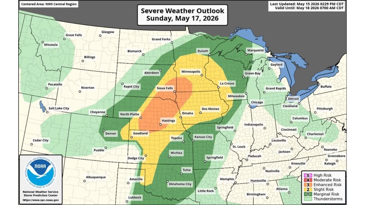 Nebraska and Iowa Face Level 4 Moderate Risk With Strong Tornadoes, 75 mph Wind Gusts and Very Large Hail Sunday May 17 Including Omaha, Sioux Falls and Hastings While Kansas and Oklahoma Face Dryline Threat With Large Hail and Tornadoes Late Afternoon