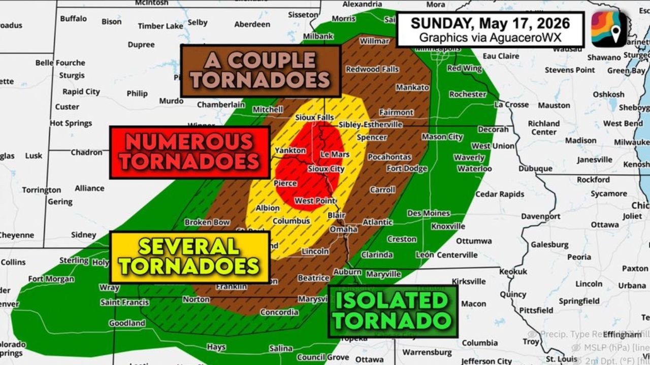 Nebraska and South Dakota Face Numerous Tornadoes Including EF2 or Stronger Sunday May 17 Between 3 and 7 PM Including Sioux City, Pierce, Yankton and Omaha With Several Tornadoes Possible From Lincoln to Beatrice