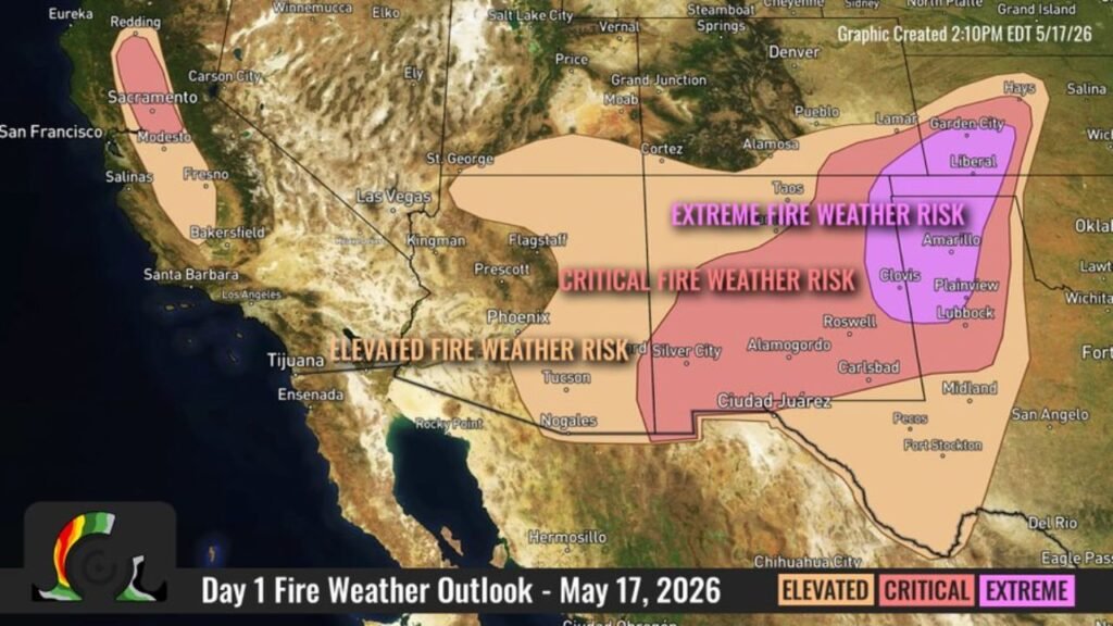 New Mexico, Texas and Oklahoma Panhandles and Southwest Kansas Face Extreme Fire Weather Risk Sunday May 17 With Single Digit Humidity and Rapid Wildfire Spread Possible Including Amarillo, Liberal, Clovis, Plainview and Lubbock