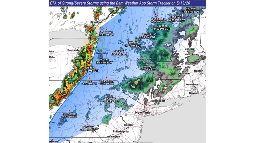 New York, Pennsylvania and Vermont Face 60 mph Wind Gusts and 1 Inch Hail Wednesday May 13 From Elmira and Binghamton Through Syracuse, Albany and Burlington