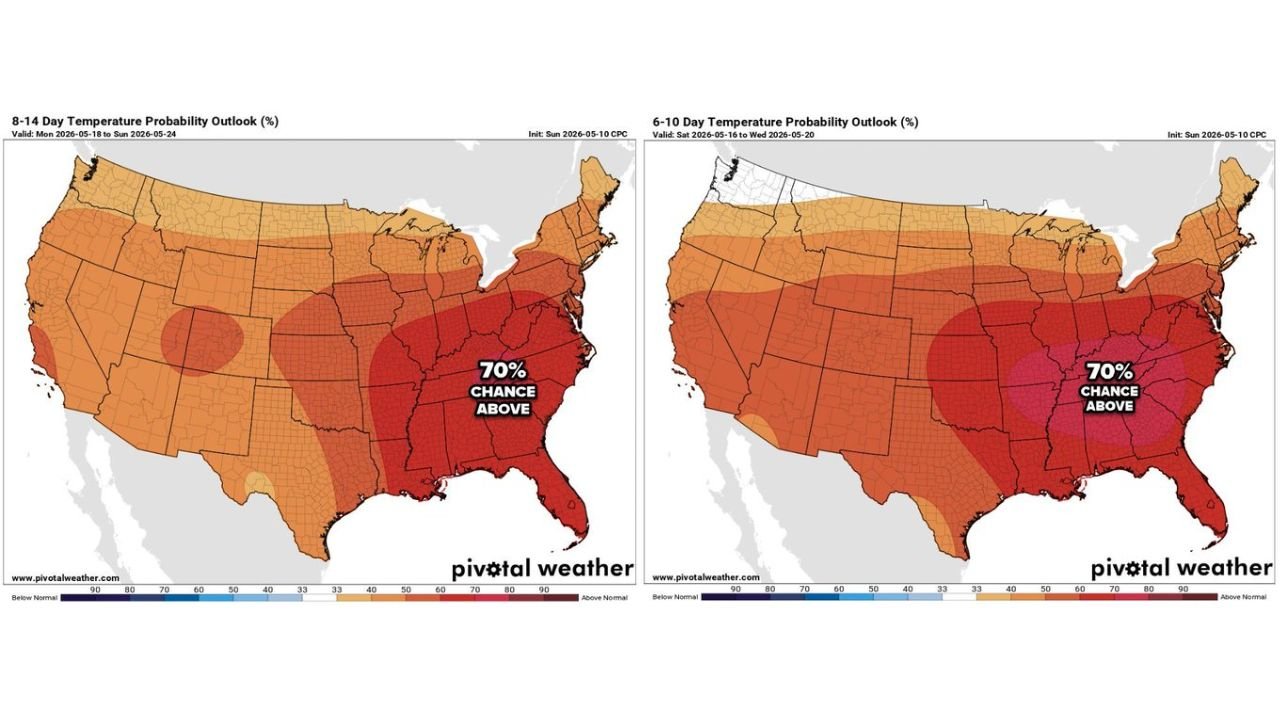 North Carolina, South Carolina, Virginia, Georgia, Tennessee, and Southeast U.S. Enter Early Summer Pattern With 70% Above-Average Heat Risk Through Late May