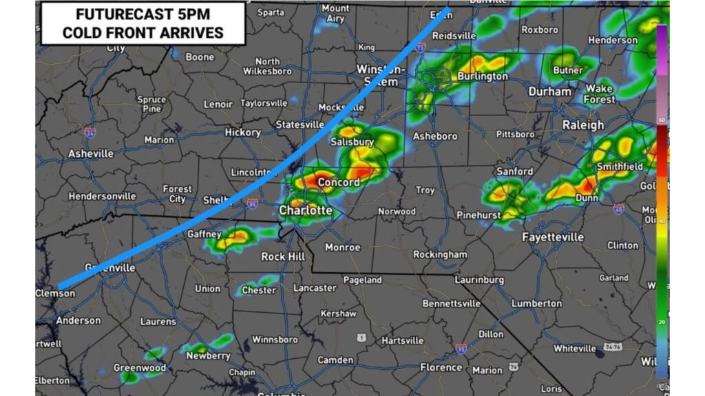 North Carolina and South Carolina See Cold Front Arrive by 5 PM Friday Bringing Scattered Showers and Storms to Charlotte, Raleigh and Winston-Salem This Evening
