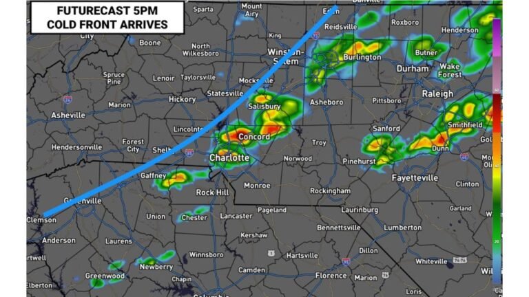 North Carolina and South Carolina See Cold Front Arrive by 5 PM Friday Bringing Scattered Showers and Storms to Charlotte, Raleigh and Winston-Salem This Evening