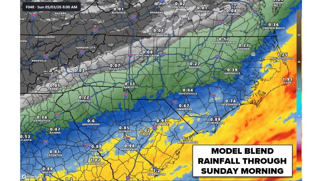 North Carolina and South Carolina See Morning Mist and Drizzle Saturday With Coastal Areas Picking Up Over 1 Inch While Charlotte Gets 0.31 and Western Mountains Stay Nearly Dry