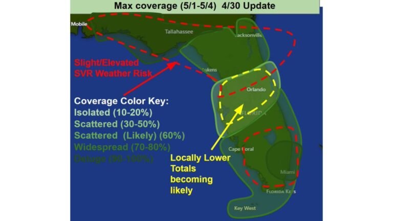 North Florida and South Florida Face Heavy Rain and Elevated Severe Weather Risk May 1 Through 4 While Central Florida Sees Lower Totals