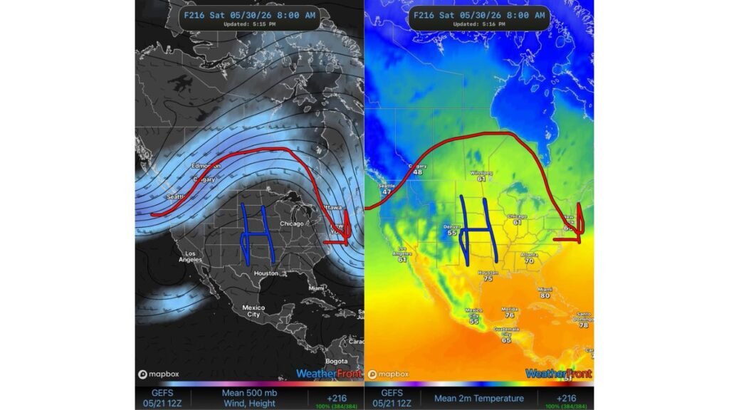 Northern Great Plains Calms Into Late May and Early June With High Pressure Bringing Denver to 55 Degrees, Chicago to 61 and Houston to 75 by Saturday May 30