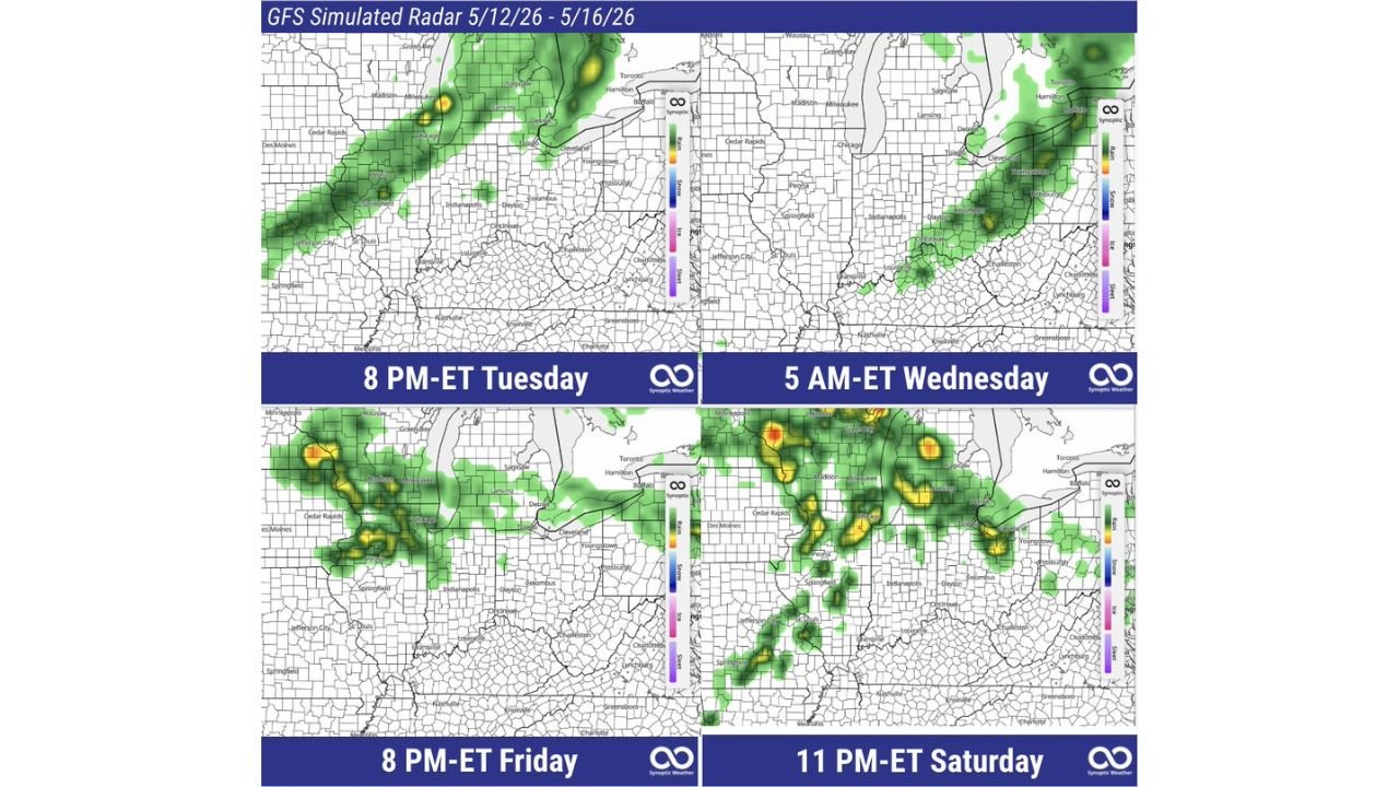 Ohio, Michigan, Indiana and Illinois Face Four Rounds of Rain This Week With 1 to 2 Inches Possible Near the Great Lakes as Systems Move Through Tuesday, Wednesday, Friday and Saturday