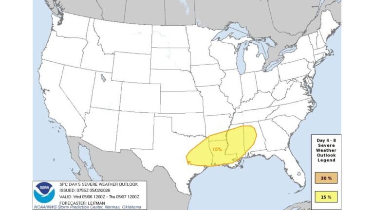 Oklahoma, Arkansas, Mississippi, Louisiana, and Alabama Face Damaging Winds, Large Hail, and Possible Tornadoes Tuesday May 5 and Wednesday May 6 as Two-Day Severe Storm Threat Targets the Southern Plains and Deep South