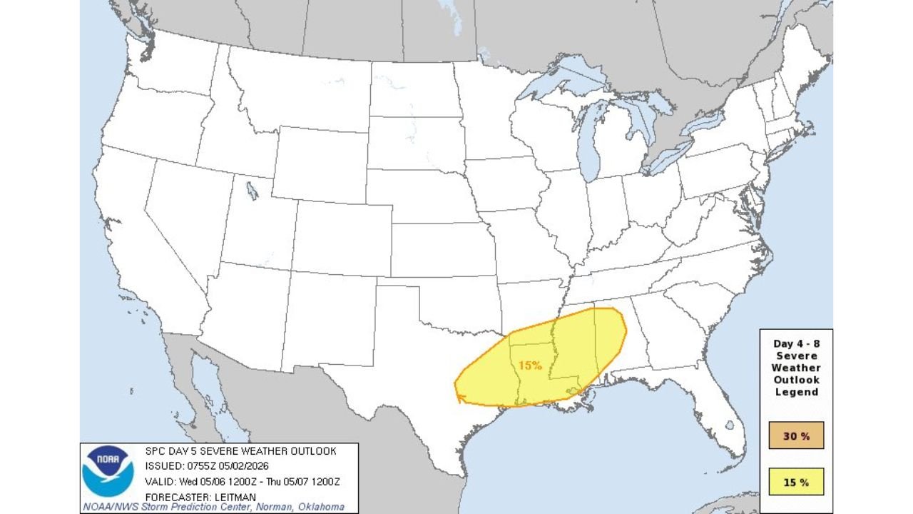 Oklahoma, Arkansas, Mississippi, Louisiana, and Alabama Face Damaging Winds, Large Hail, and Possible Tornadoes Tuesday May 5 and Wednesday May 6 as Two-Day Severe Storm Threat Targets the Southern Plains and Deep South