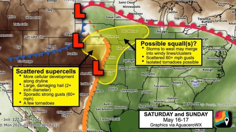 Oklahoma, Kansas, Iowa, Illinois and Missouri Face Scattered Supercells With 2 Inch Plus Hail, 60 mph Gusts and Tornadoes From Oklahoma City Through Kansas City and Des Moines Saturday May 16 Through Sunday May 17