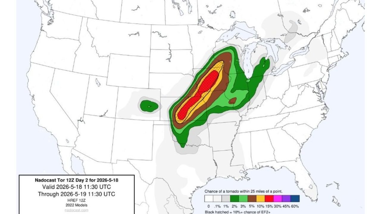 Nebraska, Kansas, Iowa and Wisconsin Face 45% Tornado Probability and EF2 Plus Tornado Threat Monday May 18 Through Tuesday Morning May 19