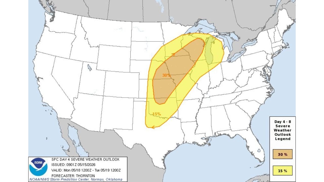 Plains and Upper Midwest Brace for Major Tornado Outbreak Monday May 18 With 67% Severe Weather Probability and 30% Risk Zone Targeting Eastern Oklahoma and Kansas as Strong to Intense Tornadoes Likely