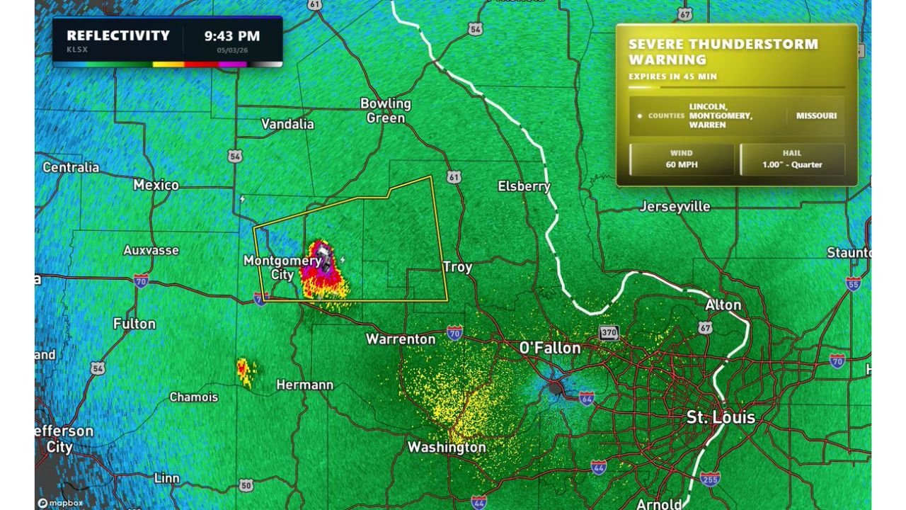 Severe Thunderstorm Warning Issued for Lincoln, Montgomery and Warren Counties in Missouri as 60 mph Winds and Quarter-Size Hail Hit Bellflower Saturday Night
