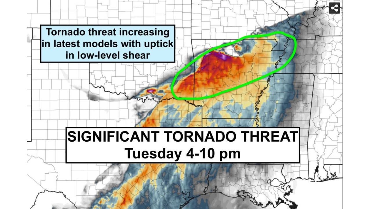 Significant Tornado Threat Escalates for Central and Northern Arkansas and Southeastern Oklahoma Tuesday Between 4 and 10 PM as Low-Level Shear Increases