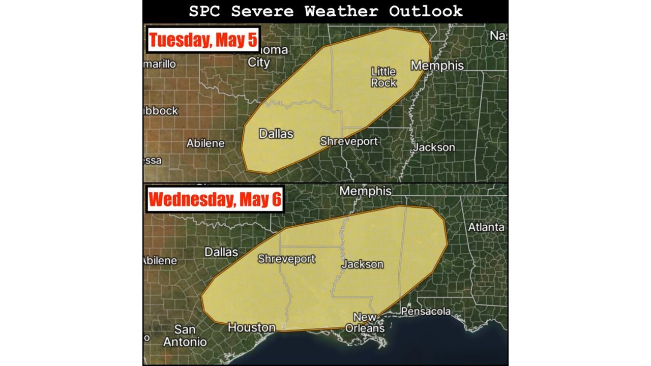 Texas, Arkansas, Louisiana, and Mississippi Face Damaging Winds, Large Hail, and Tornadoes Tuesday May 5 and Wednesday May 6 as Severe Risk Shifts From Dallas to New Orleans