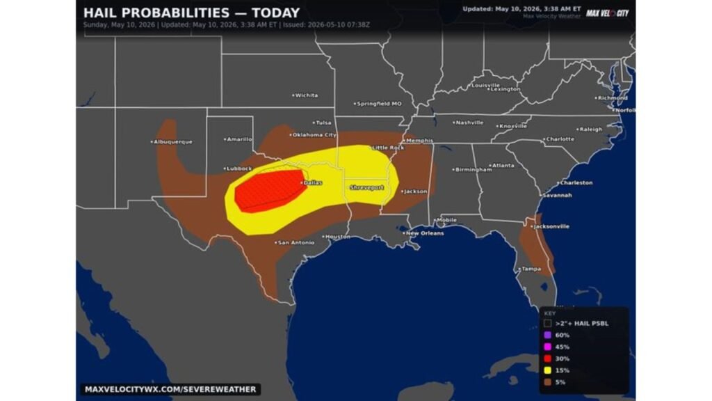 Texas, Arkansas and Louisiana Face Giant Hail and 60 to 85 mph Wind Gusts Near Dallas, Shreveport and Little Rock Monday May 11 This Afternoon and Evening