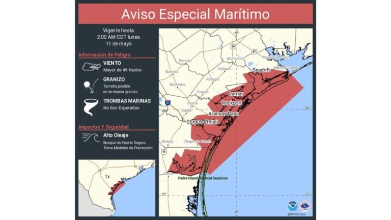 Texas Coastal Waters Face 49-Knot Winds and High Seas From Corpus Christi to Rockport and Aransas Pass Until 2:00 AM CDT Monday May 11