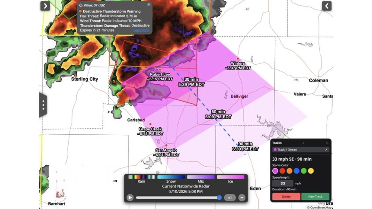 Texas Faces Destructive Tornadic Storms North of San Angelo With 70 mph Wind Gusts and Very Large Hail Monday May 11 This Evening