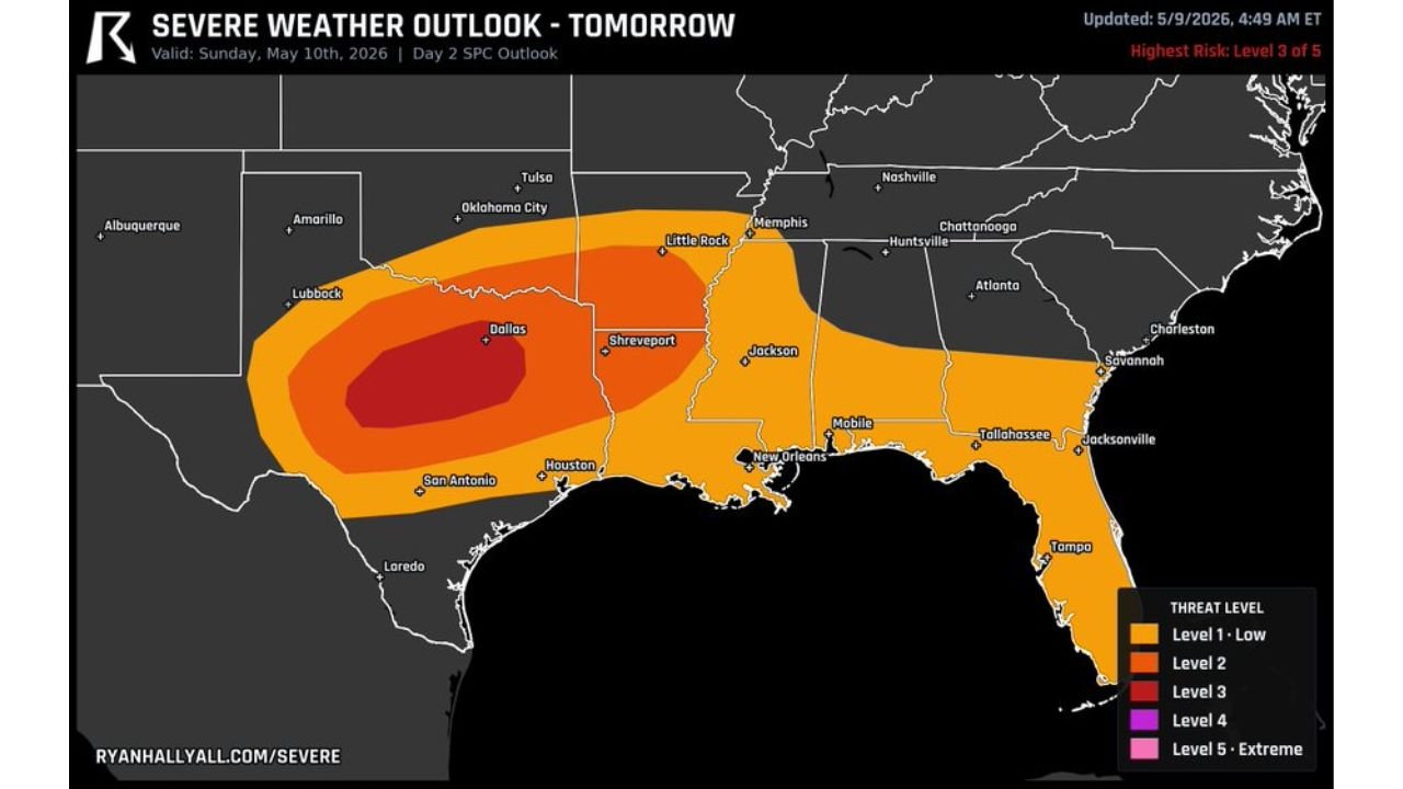 Texas Faces Egg Size Hail or Bigger and High Winds Today as Dallas Sits Inside the Highest Risk Zone With Shreveport, Houston and San Antonio Also Threatened Sunday May 10