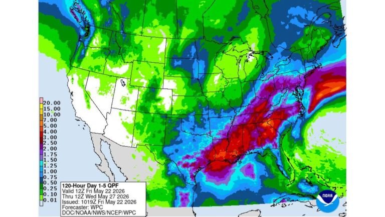 Texas, Louisiana, Mississippi, Alabama, Tennessee, Georgia, and the Carolinas Face 1 to 2 Inches of Rain Through Memorial Day While the Western Gulf Coast Braces for Excessive Rainfall and Active Flood Watches This Weekend