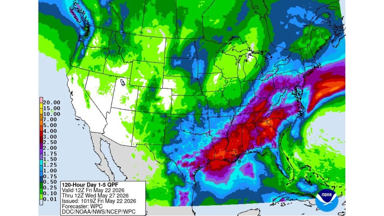 Texas, Louisiana, Mississippi, Alabama, Tennessee, Georgia, and the Carolinas Face 1 to 2 Inches of Rain Through Memorial Day While the Western Gulf Coast Braces for Excessive Rainfall and Active Flood Watches This Weekend