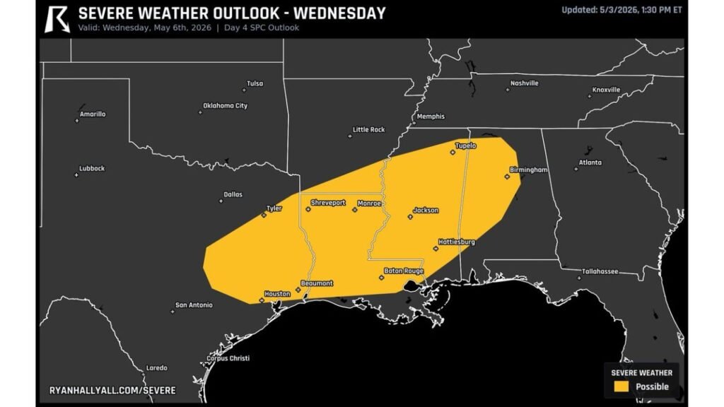 Texas, Louisiana, Mississippi and Alabama Face Severe Weather Threat Wednesday as Houston, Jackson, Tupelo and Birmingham Enter the Risk Zone for May 6