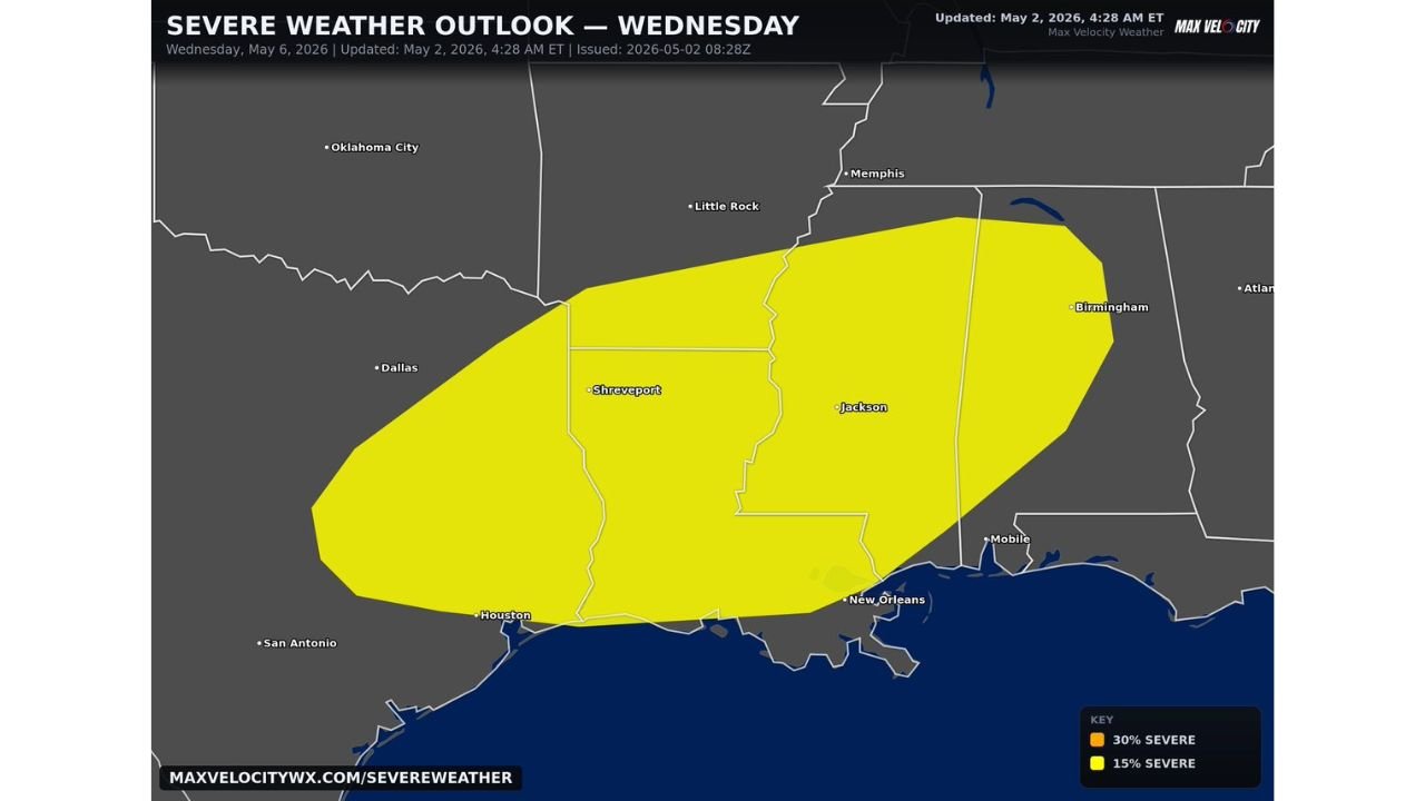 Texas, Louisiana, Mississippi, and Alabama Face Slight Risk of Severe Weather Wednesday May 6 With Damaging Winds, Large Hail, and Tornadoes Possible From Houston and Shreveport to Jackson and Birmingham