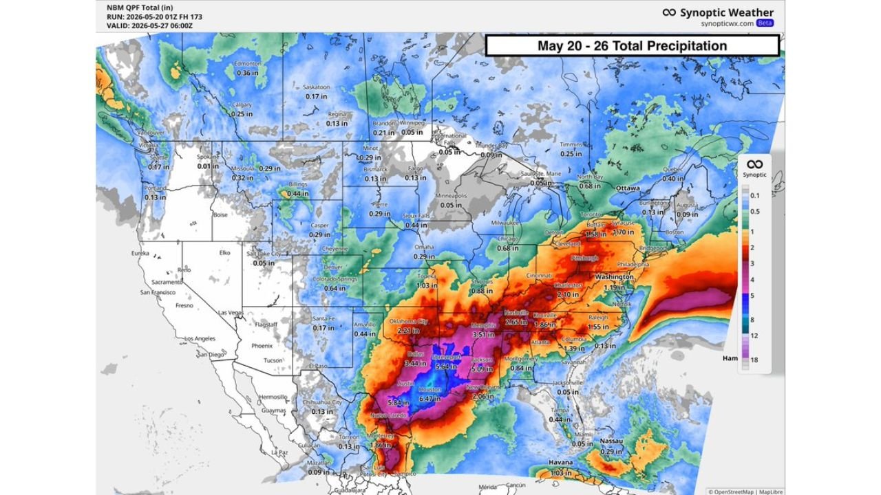 Texas, Louisiana, Mississippi and Tennessee Face 2 to 6 Inch Plus Rainfall With Flooding Risk May 20 Through 26 Including Dallas, Houston, Memphis, Nashville and New Orleans