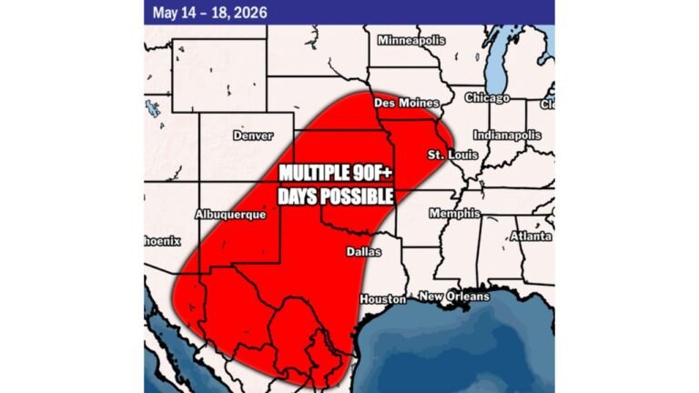 Texas, New Mexico, Missouri, Iowa, Tennessee and Louisiana Face Multiple 90F Plus Days From Dallas and Houston Through Des Moines and St. Louis May 14 Through May 18 With 80s Reaching the Ohio Valley
