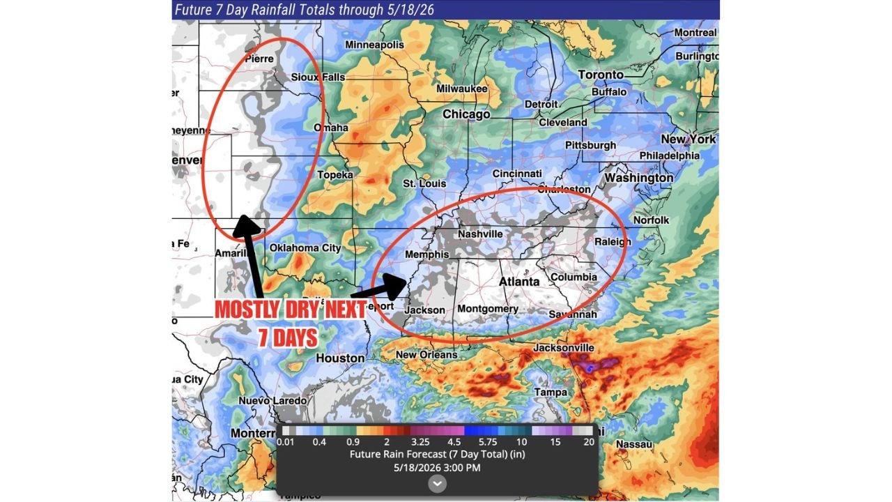 Texas, Oklahoma, Kansas, Nebraska, Georgia, Tennessee, Alabama, and Carolinas Face Dry 7-Day Stretch as Rain Misses Drought Areas With Relief Delayed Into Week 2