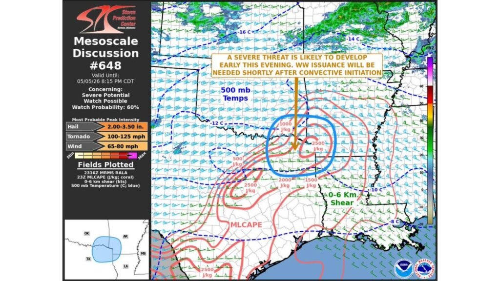 Texas, Oklahoma and Arkansas Face Imminent Severe Weather Watch as 2 to 3.5 Inch Hail, 65 to 80 mph Winds and Tornadoes Up to 125 mph Threaten Northeast Texas and Southwest Arkansas Tuesday Evening