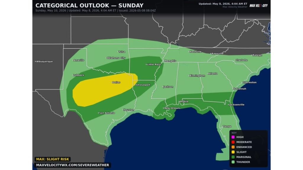 Texas, Oklahoma and Louisiana Face Damaging Winds and Large Hail Sunday as Dallas and Shreveport Sit Inside the Enhanced Risk Zone With Tornado Possible Near London