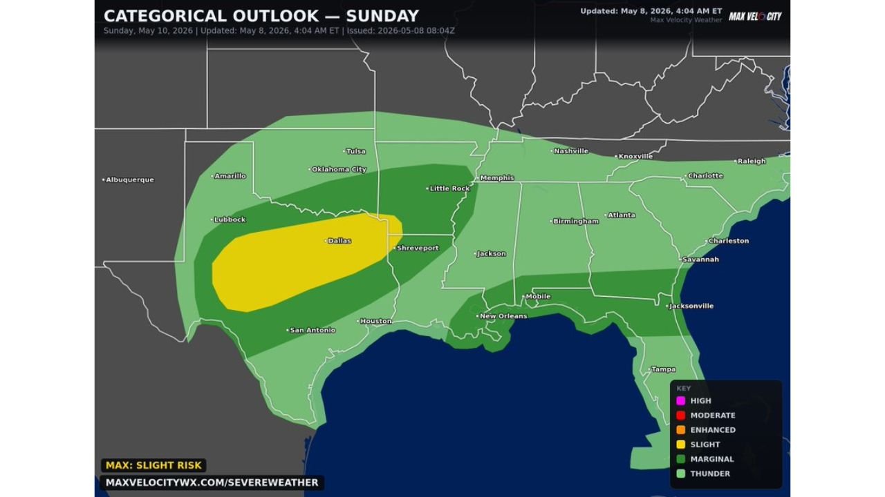 Texas, Oklahoma and Louisiana Face Damaging Winds and Large Hail Sunday as Dallas and Shreveport Sit Inside the Enhanced Risk Zone With Tornado Possible Near London