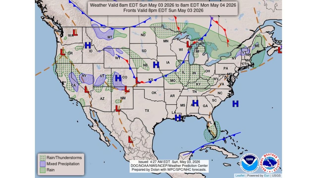 Three Separate Weather Threats Active Across the United States Sunday as Severe Storms Hit Mississippi Valley, Flash Flooding Targets Florida and Fire Danger Rises in North Dakota and Montana