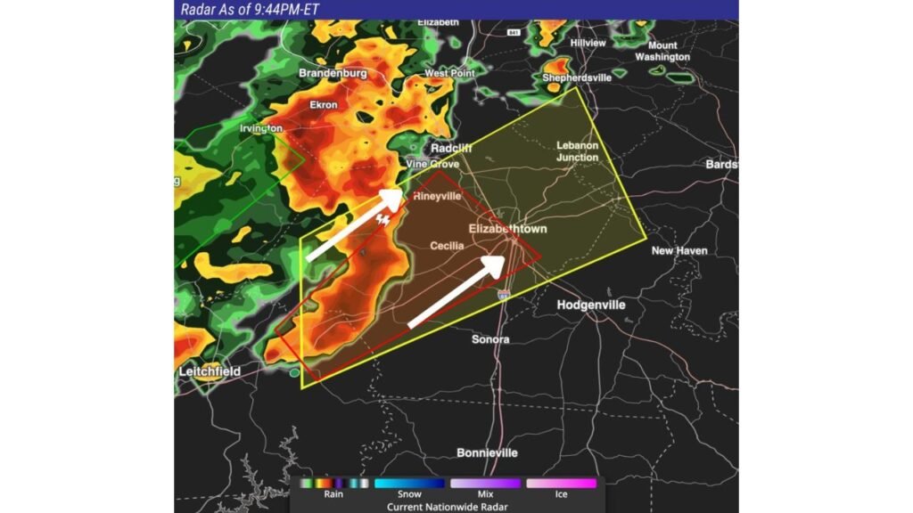 Tornado Warning Issued for Cecilia and Elizabethtown, Kentucky Until 10:15 PM ET as Radar Shows Strong Rotation and 50 MPH Gusts Take Shelter Immediately