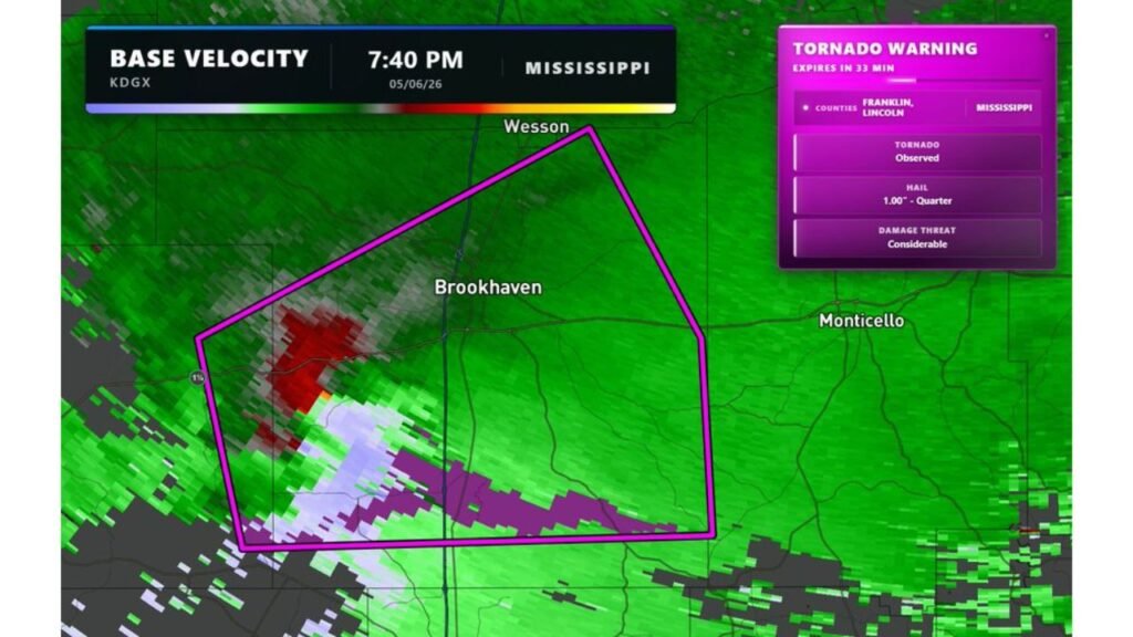 Tornado on the Ground in Brookhaven Mississippi With Considerable Damage Threat as Franklin and Lincoln Counties Under Emergency Warning Wednesday Evening