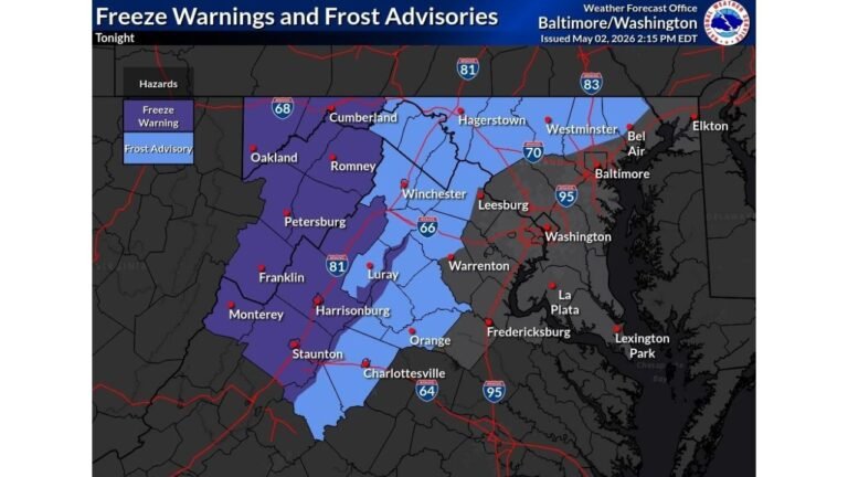 Virginia and Maryland Face Freeze Warnings and Frost Advisories Tonight West of Washington D.C. as Temperatures Drop to Mid-30s Before 80-Degree Warmth Returns by Tuesday