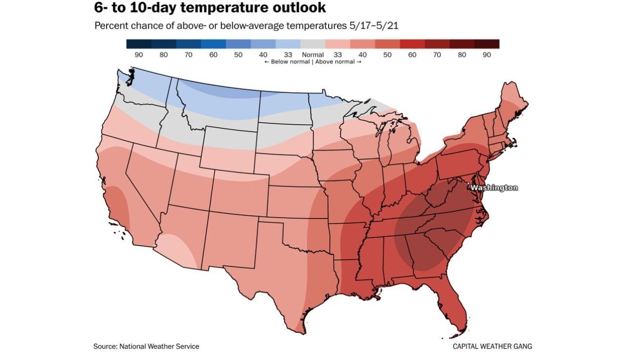 Washington DC Faces 80s and Possible 90 Degree Highs Saturday May 16 Through Wednesday May 21 With Record Highs of 92 and 96 Degrees Within Reach