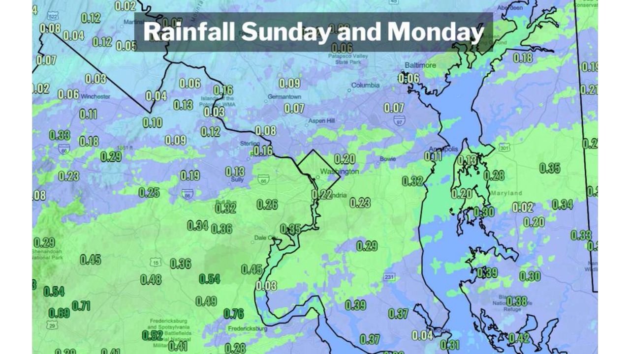 Washington DC and Virginia Pick Up 0.22 to 0.76 Inches of Rainfall Sunday and Monday With Springfield Seeing 0.5 Inches and DC Still Nearly 4 Inches Below Average for the Year