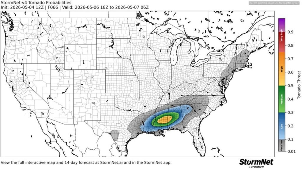 Wednesday Tornado Threat Sharpens as Mississippi and Alabama Enter a 50 Percent Probability Core With the Highest Confidence Zone Tightening Over the Deep South for May 6