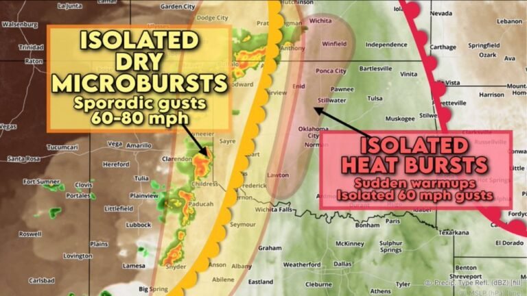 West Texas, Western Oklahoma and Southwest Kansas Face Isolated Dry Microbursts With 60 to 80 mph Gusts and Isolated Heat Bursts With 60 mph Gusts Including Amarillo, Wichita Falls and Oklahoma City Today