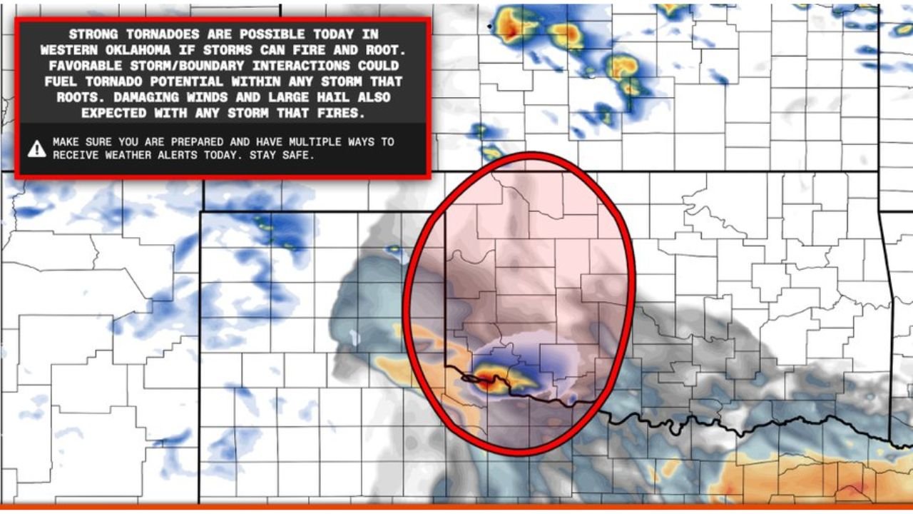 Western Oklahoma and Childress to Quanah Texas Face Gorilla Hail and Strong Tornadoes This Evening as Dry Line Triggers Dangerous Supercells Along the Red River