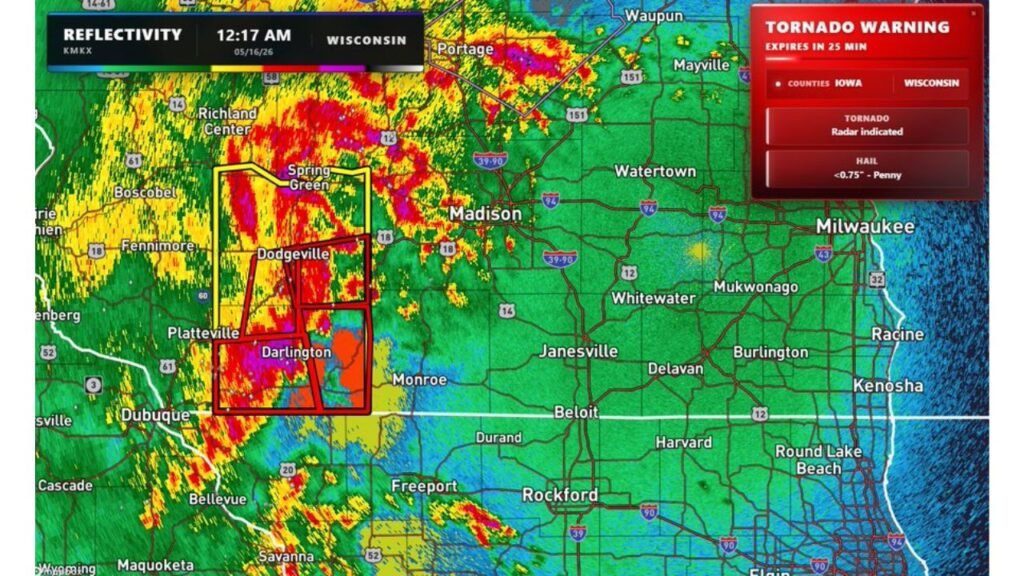 Wisconsin Faces Multiple Tornado Warnings Overnight Including Dodgeville, Darlington, Spring Green and Platteville With Storms Moving Toward Janesville and Milwaukee Saturday May 16