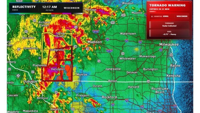 Wisconsin Faces Multiple Tornado Warnings Overnight Including Dodgeville, Darlington, Spring Green and Platteville With Storms Moving Toward Janesville and Milwaukee Saturday May 16