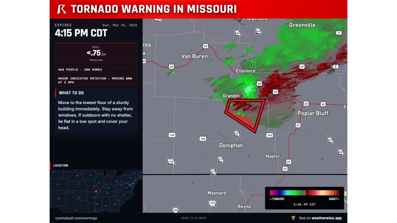 Missouri Tornado Warning for Northeastern Ripley County Including Grandin and Doniphan Until 4:15 PM CDT Sunday May 31 as Storm Moves WNW at 4 MPH Threatening 468 People and 208 Homes
