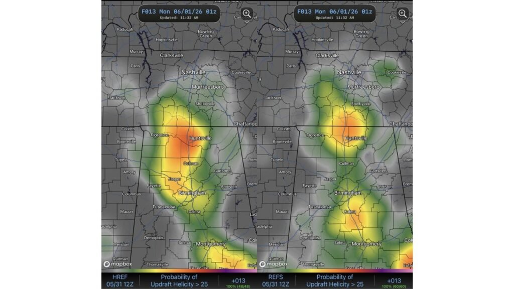 Tennessee, Alabama and Mississippi Face Elevated Rotating Supercell Chance Around 7:00 PM Tonight Including Nashville, Huntsville, Tupelo and Birmingham Monday June 1