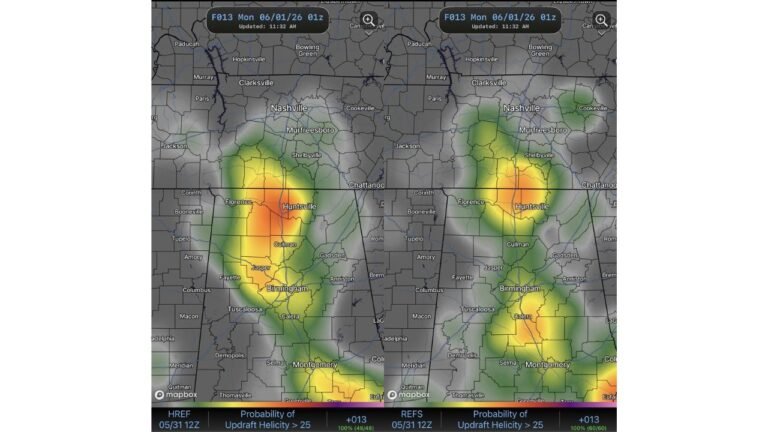 Tennessee, Alabama and Mississippi Face Elevated Rotating Supercell Chance Around 7:00 PM Tonight Including Nashville, Huntsville, Tupelo and Birmingham Monday June 1