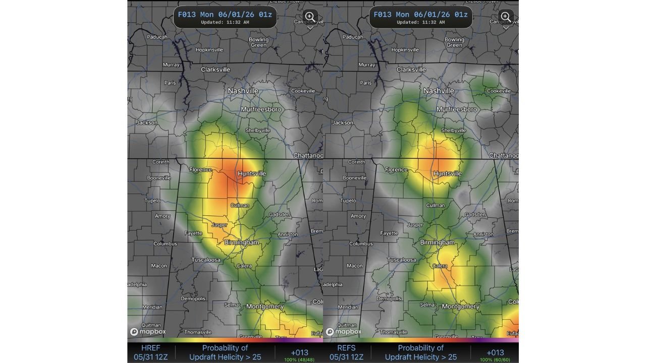 Tennessee, Alabama and Mississippi Face Elevated Rotating Supercell Chance Around 7:00 PM Tonight Including Nashville, Huntsville, Tupelo and Birmingham Monday June 1
